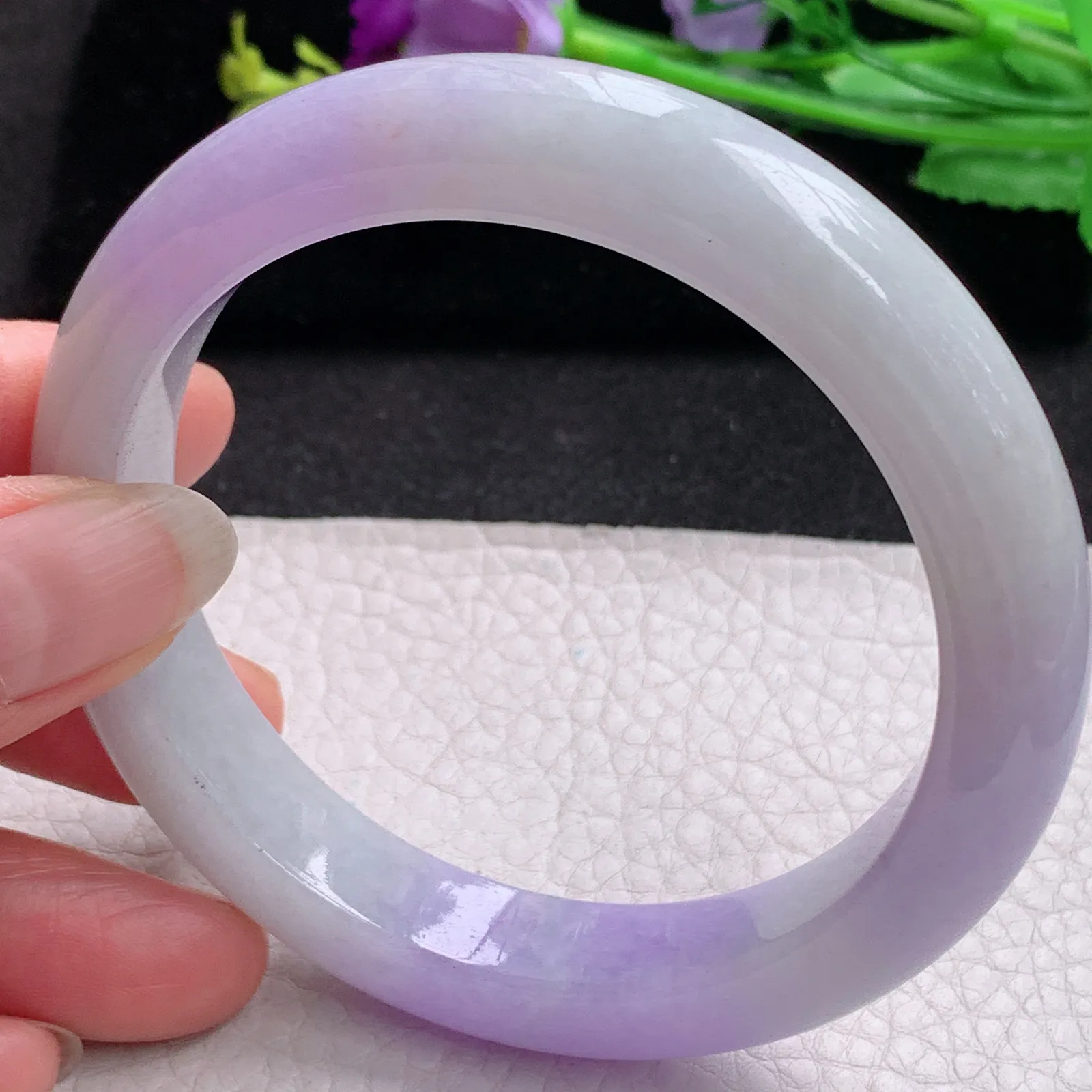 Hf实拍61.5*12.6*9.5缅甸翡翠手镯双彩紫罗兰手镯正圈平安镯宽版镯子