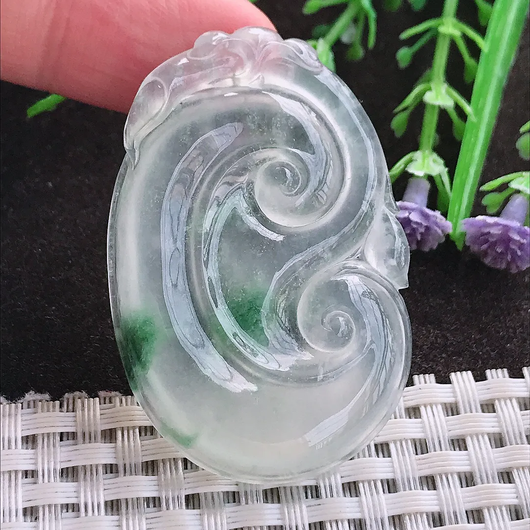 实拍A货翡翠48.3/32/4.9老坑冰种起刚冰飘花如意吊坠翡翠玉如意挂件