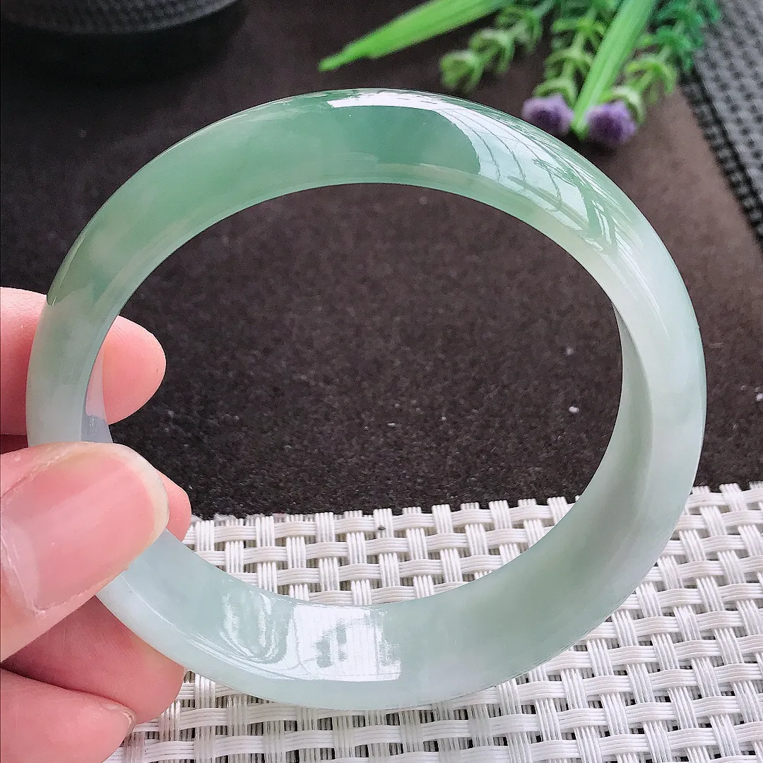 实拍A货翡翠60/16.3/7.6老坑冰胶水灵飘花轮胎手镯翡翠玉镯子平安镯