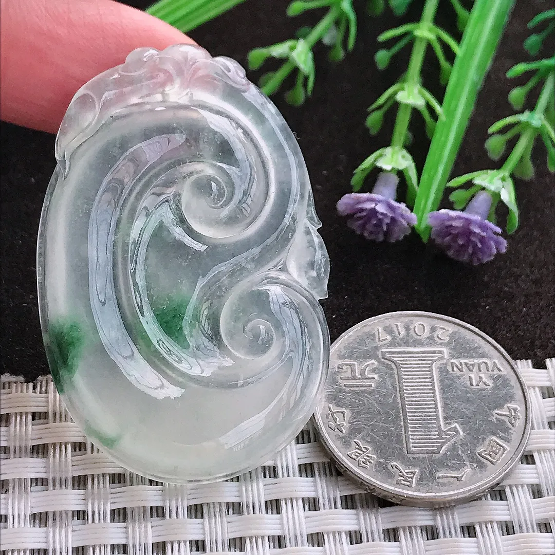 实拍A货翡翠48.3/32/4.9老坑冰种起刚冰飘花如意吊坠翡翠玉如意挂件