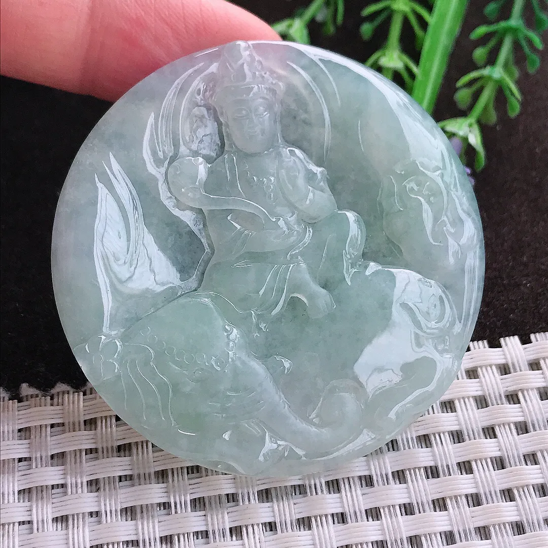 实拍A货翡翠54/4.5老坑冰胶水灵冰晴普贤菩萨吊坠翡翠圆牌挂件