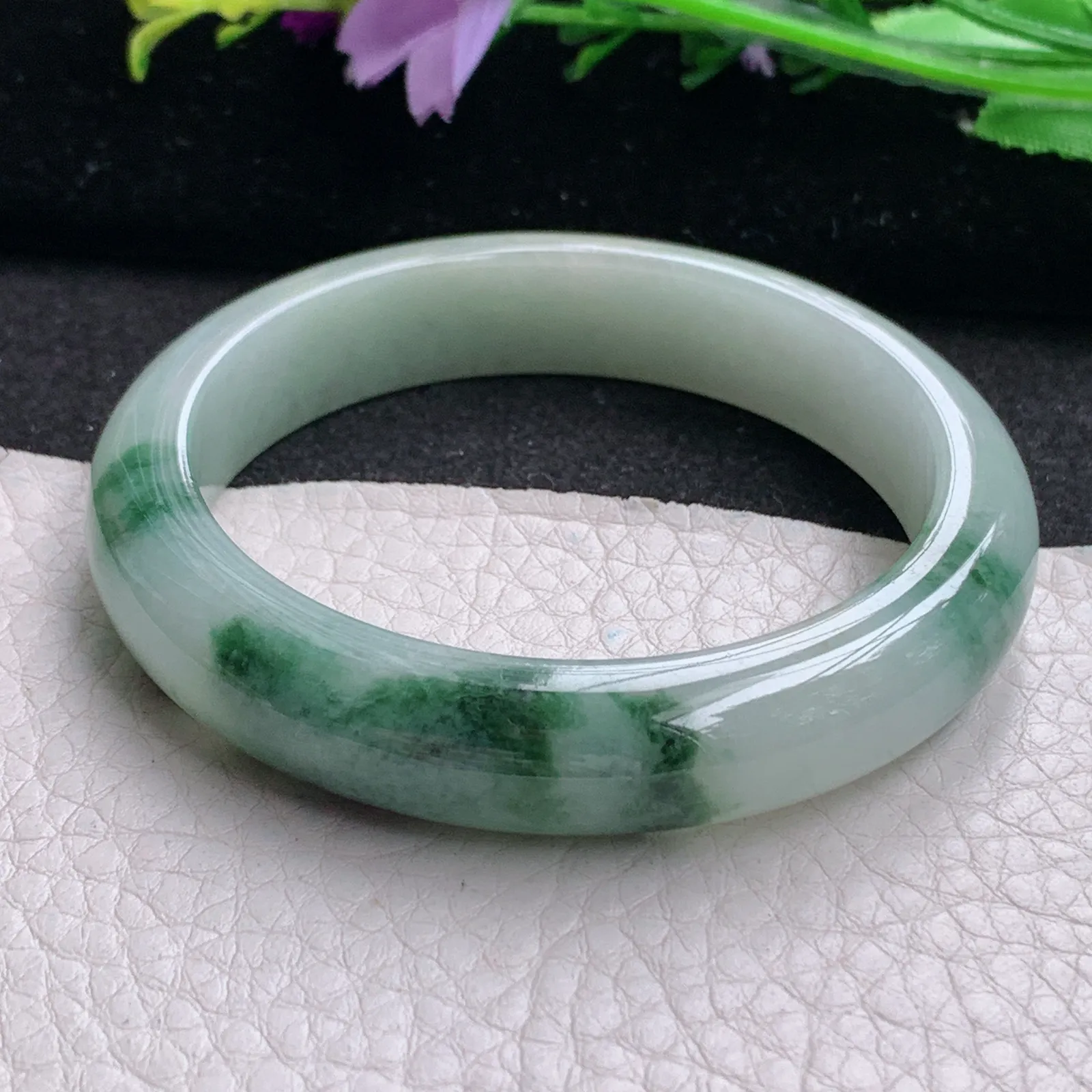 ll实拍53*11.6*7.8缅甸翡翠a货玉手镯冰飘花正圈平安镯宽版玉手环