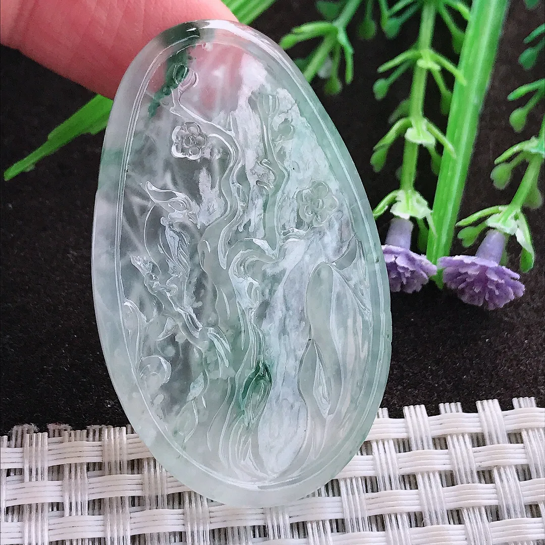 实拍A货翡翠50.5/30.9/4.5老坑玻璃种冰透飘花竹节吊坠翡翠玉牌挂件喜上眉梢