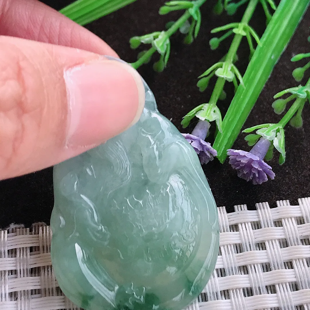 实拍A货翡翠48.7/30/6老坑冰润起胶飘花财神爷吊坠翡翠玉牌挂件