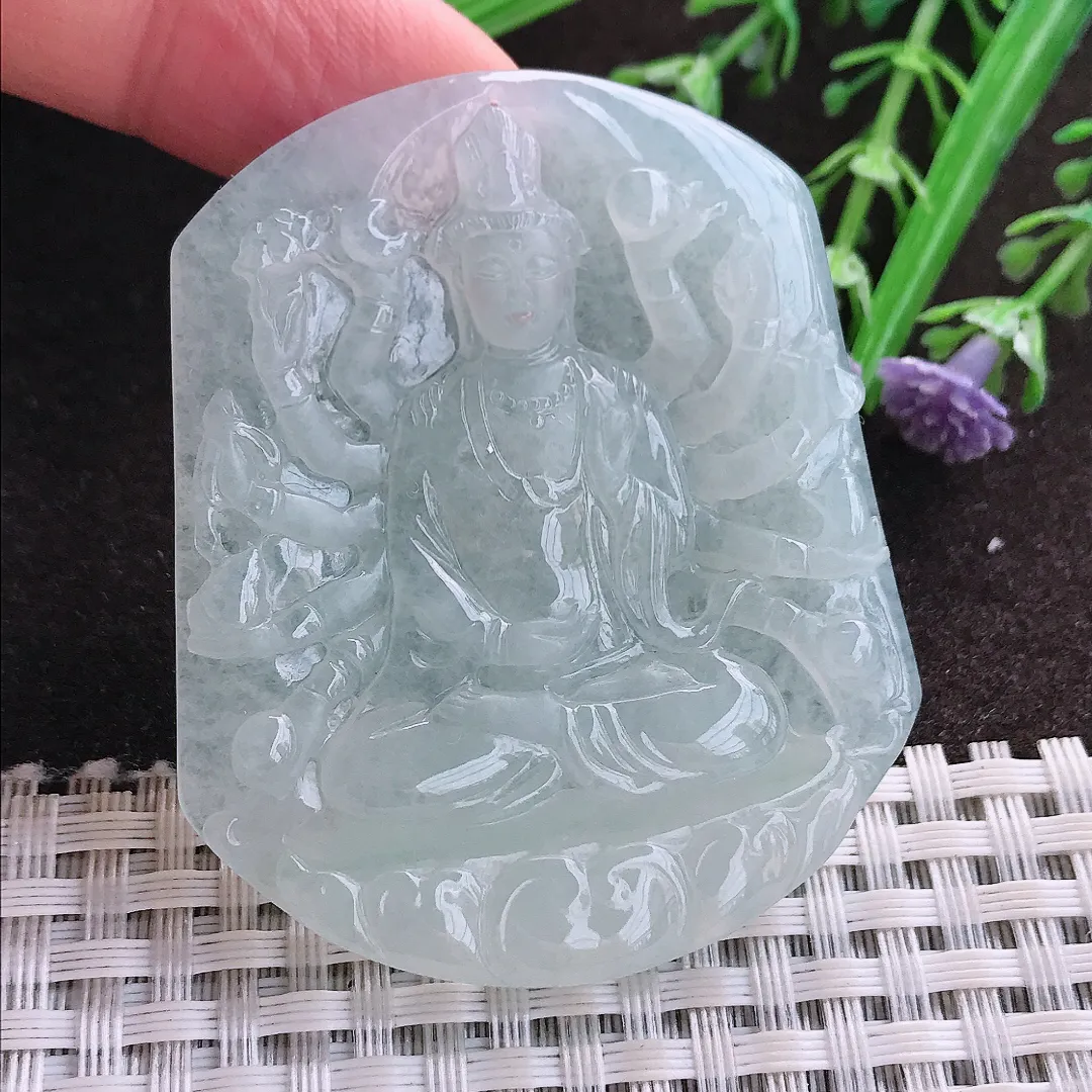 实拍A货翡翠54.7/47/5.6老坑冰胶果冻冰晴千手观音吊坠翡翠玉牌挂件