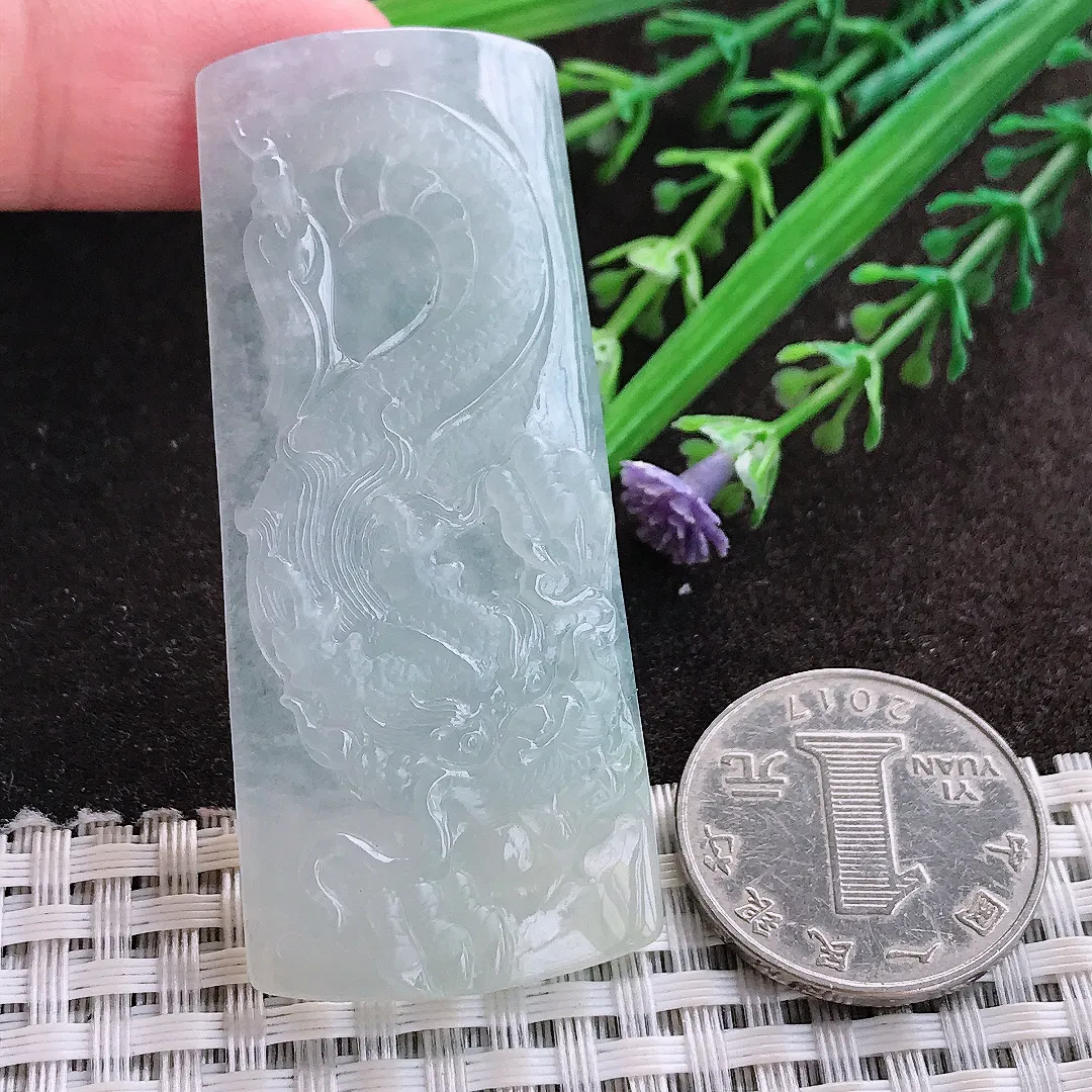 实拍A货翡翠61.7/26.9/5.7老坑冰纯起胶龙牌吊坠翡翠玉牌挂件