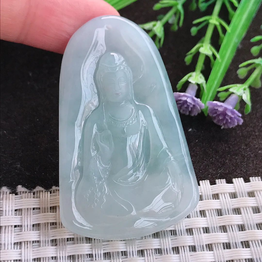 实拍A货翡翠53.3/34/6.3老坑冰胶水灵天空蓝素衣观音吊坠翡翠玉观音挂件