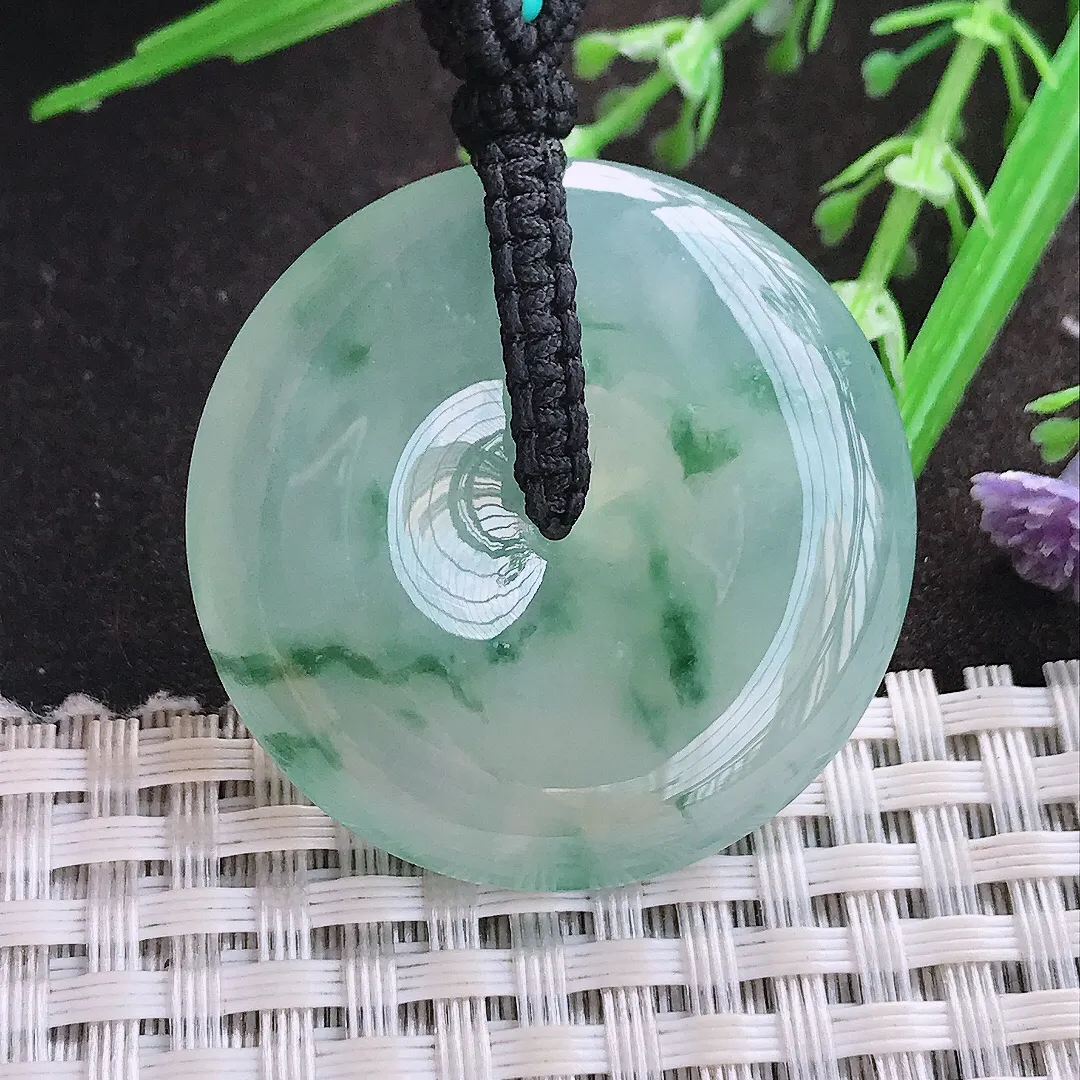 实拍A货翡翠36/7.6老坑冰胶果冻冰晴飘花平安扣吊坠翡翠玉扣挂件