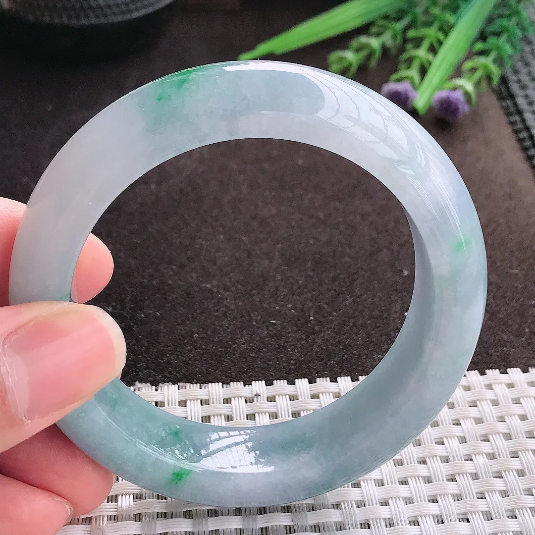 实拍A货翡翠54.5/14.8/9.6老坑冰润水灵春带彩手镯翡翠玉镯子平安镯