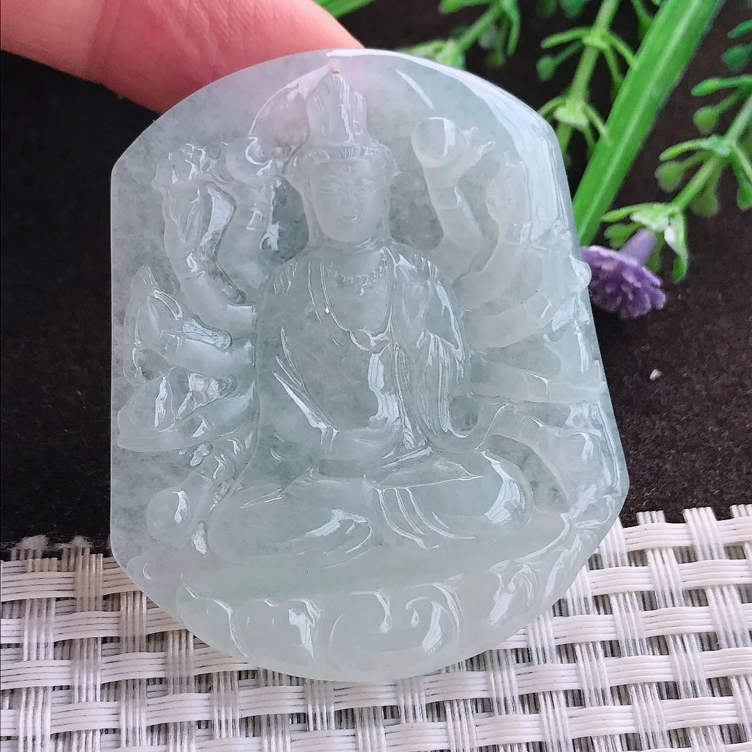 实拍A货翡翠54.7/47/5.6老坑冰胶果冻冰晴千手观音吊坠翡翠玉牌挂件