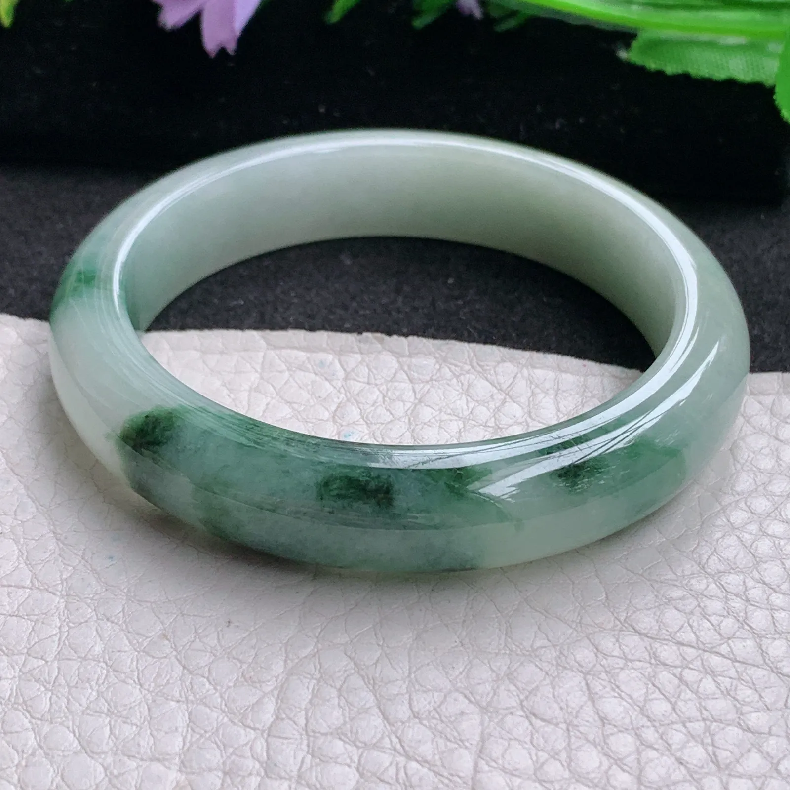ll实拍53*11.6*7.8缅甸翡翠a货玉手镯冰飘花正圈平安镯宽版玉手环