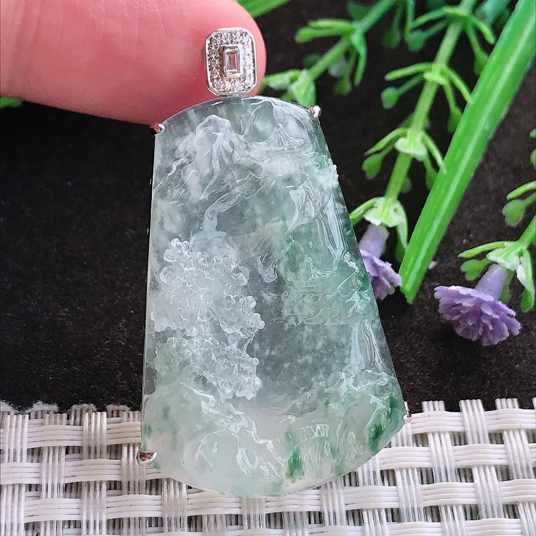 实拍A货翡翠47.8/28.8/7老坑18k金镶嵌冰种冰飘花山水牌吊坠翡翠玉牌挂件