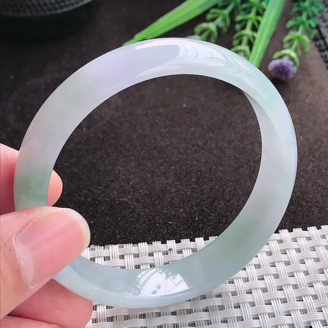 实拍A货翡翠58/14/6.6老坑冰润起胶飘花手镯翡翠玉镯子平安镯