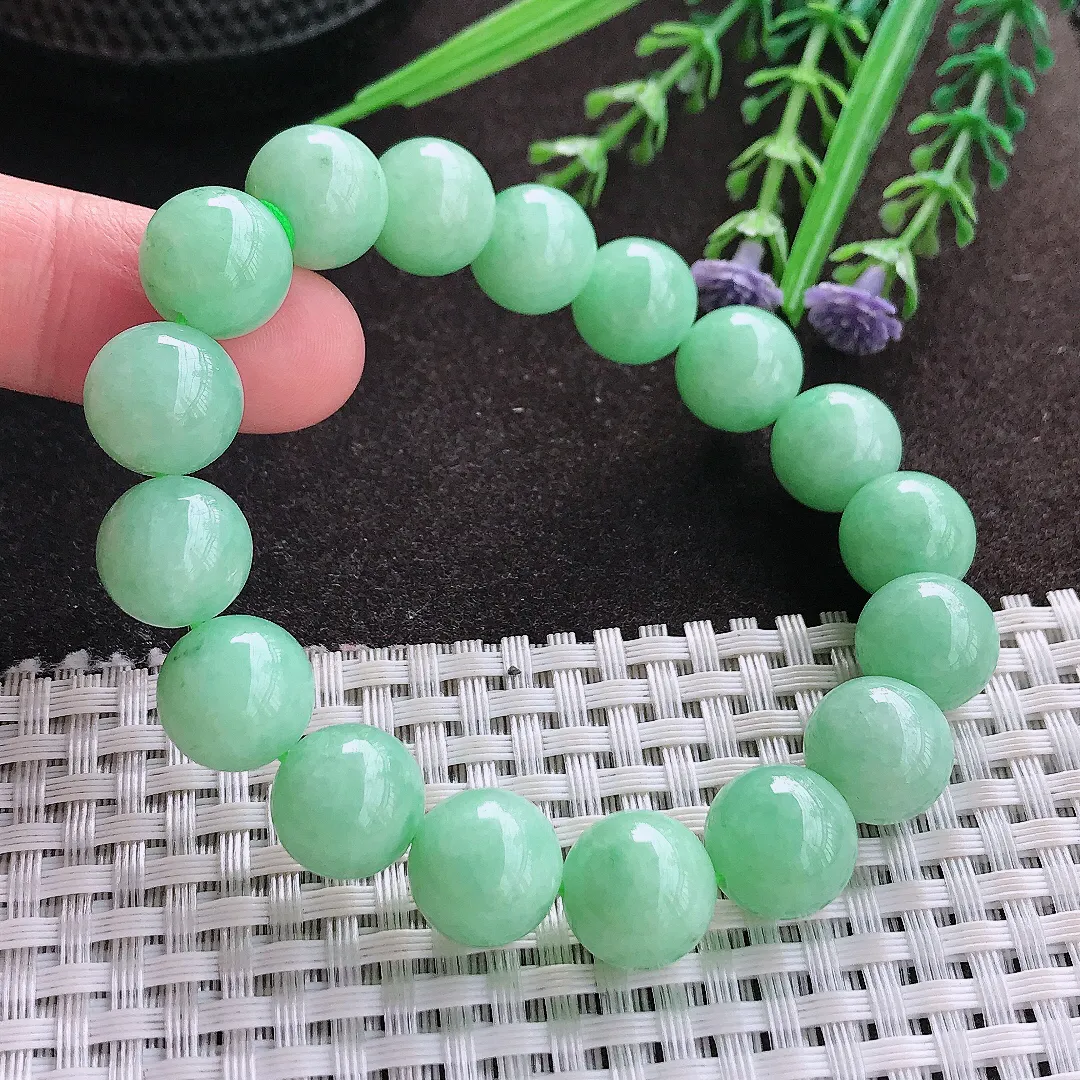实拍A货翡翠11.8/17颗老坑精美冰润满绿圆珠手链吊坠翡翠玉珠串