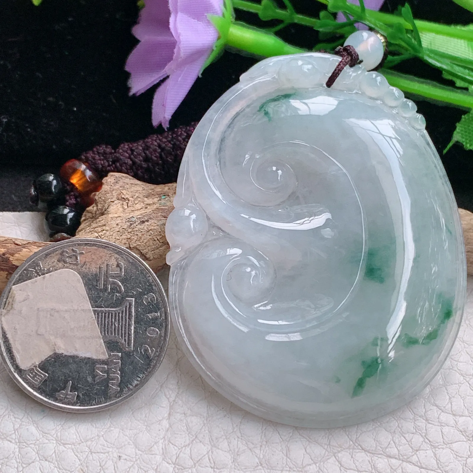 zen自然光56.3*45*6.2天然缅甸翡翠冰飘花大如意 玉如意玉吊坠 毛衣坠