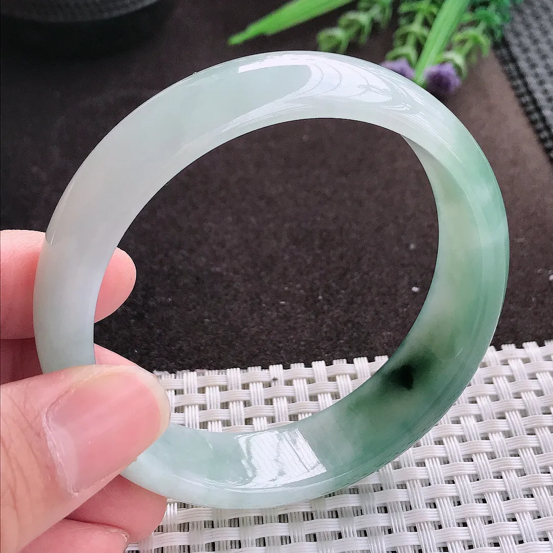 实拍A货翡翠60/16.3/7.6老坑冰胶水灵飘花轮胎手镯翡翠玉镯子平安镯