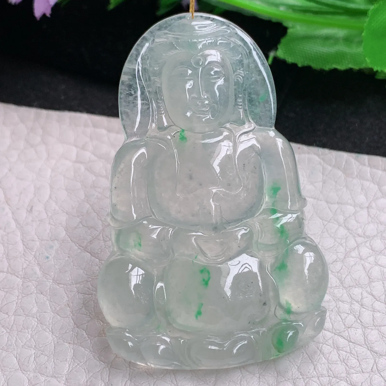 ws实拍58*37.8*5.5缅甸翡翠精雕冰飘绿花净瓶观音 玉观音玉吊坠 玉挂件