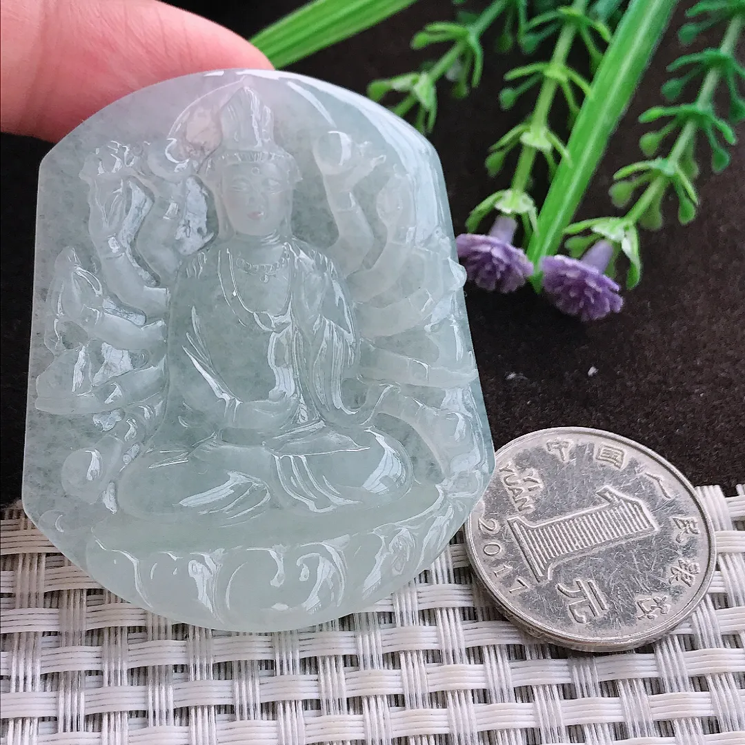 实拍A货翡翠54.7/47/5.6老坑冰胶果冻冰晴千手观音吊坠翡翠玉牌挂件