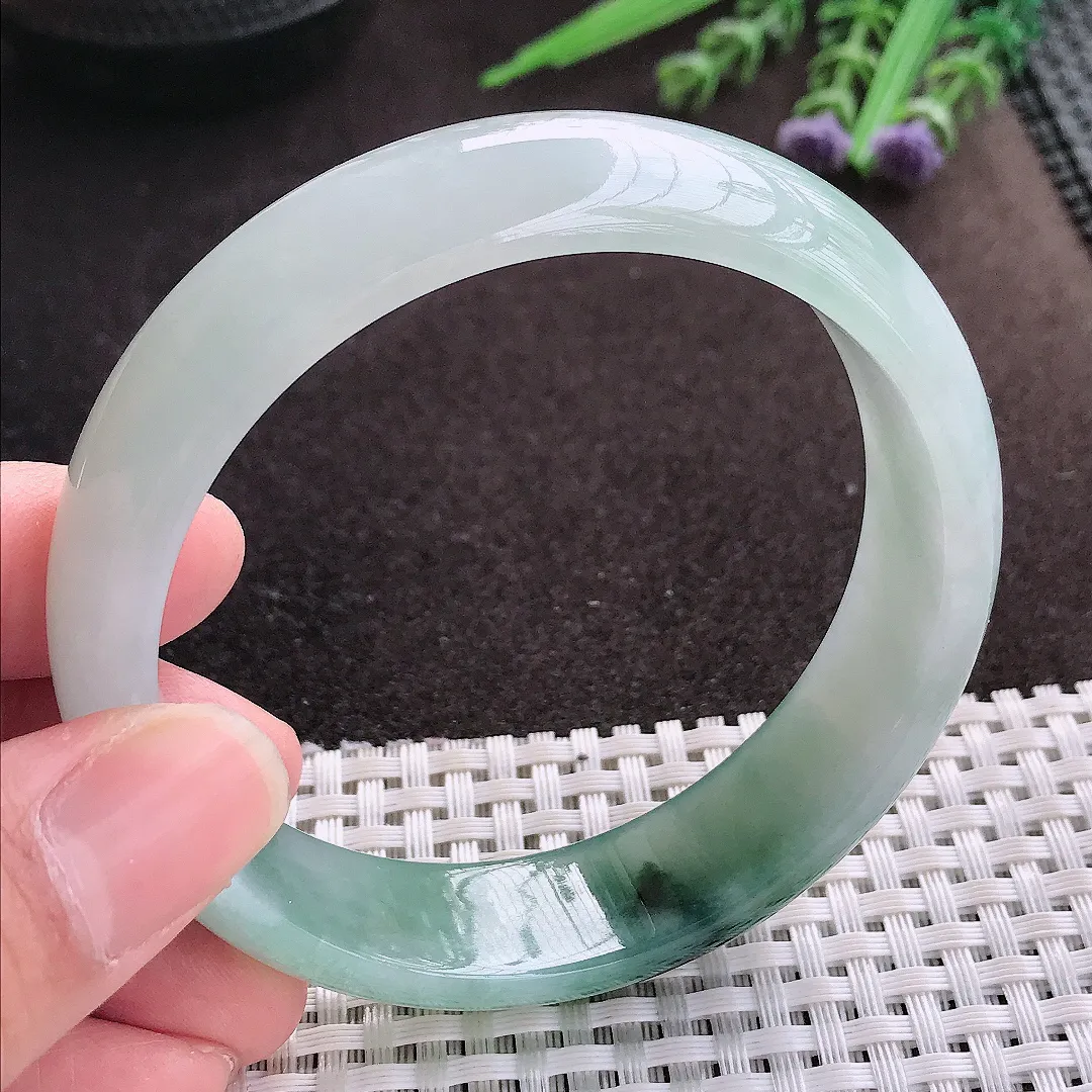 实拍A货翡翠60/16.3/7.6老坑冰胶水灵飘花轮胎手镯翡翠玉镯子平安镯