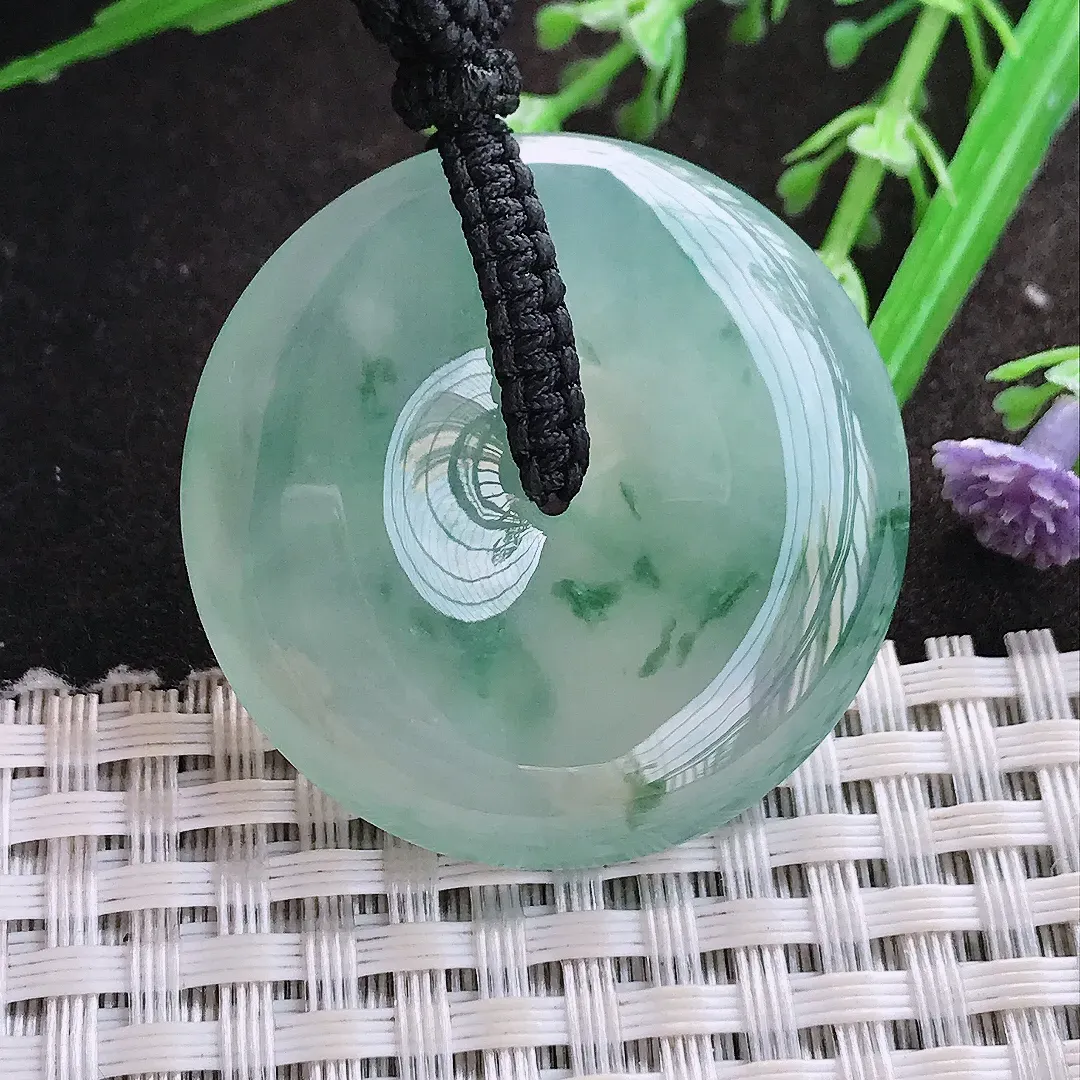 实拍A货翡翠36/7.6老坑冰胶果冻冰晴飘花平安扣吊坠翡翠玉扣挂件