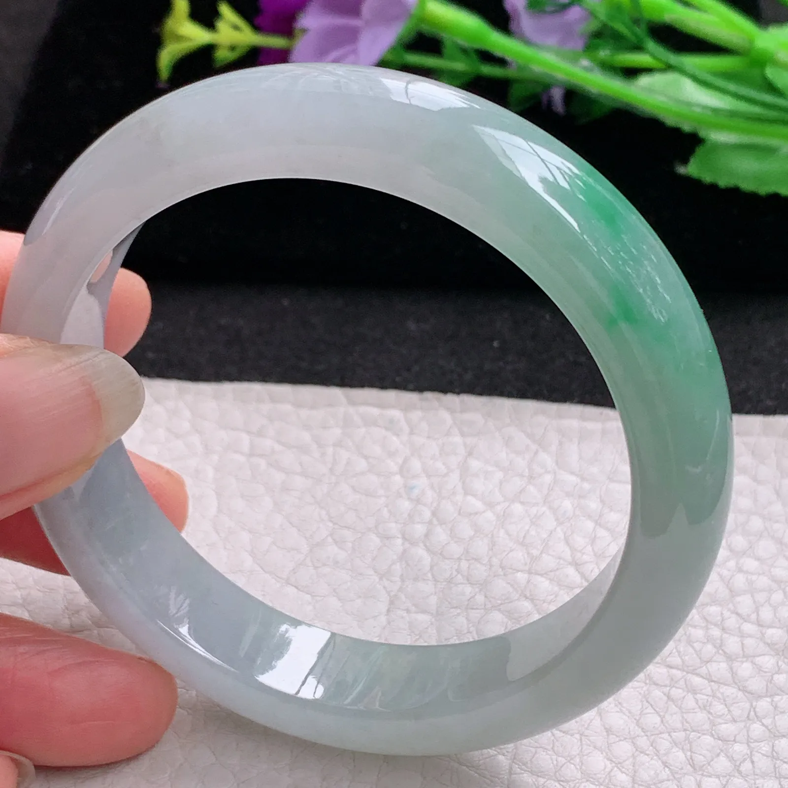 ll实拍57*13.3*8.5缅甸翡翠手镯冰飘绿花正圈平安镯宽版镯子