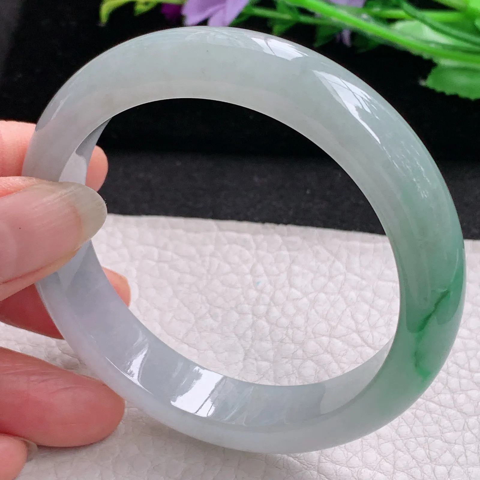 ll实拍57*13.3*8.5缅甸翡翠手镯冰飘绿花正圈平安镯宽版镯子