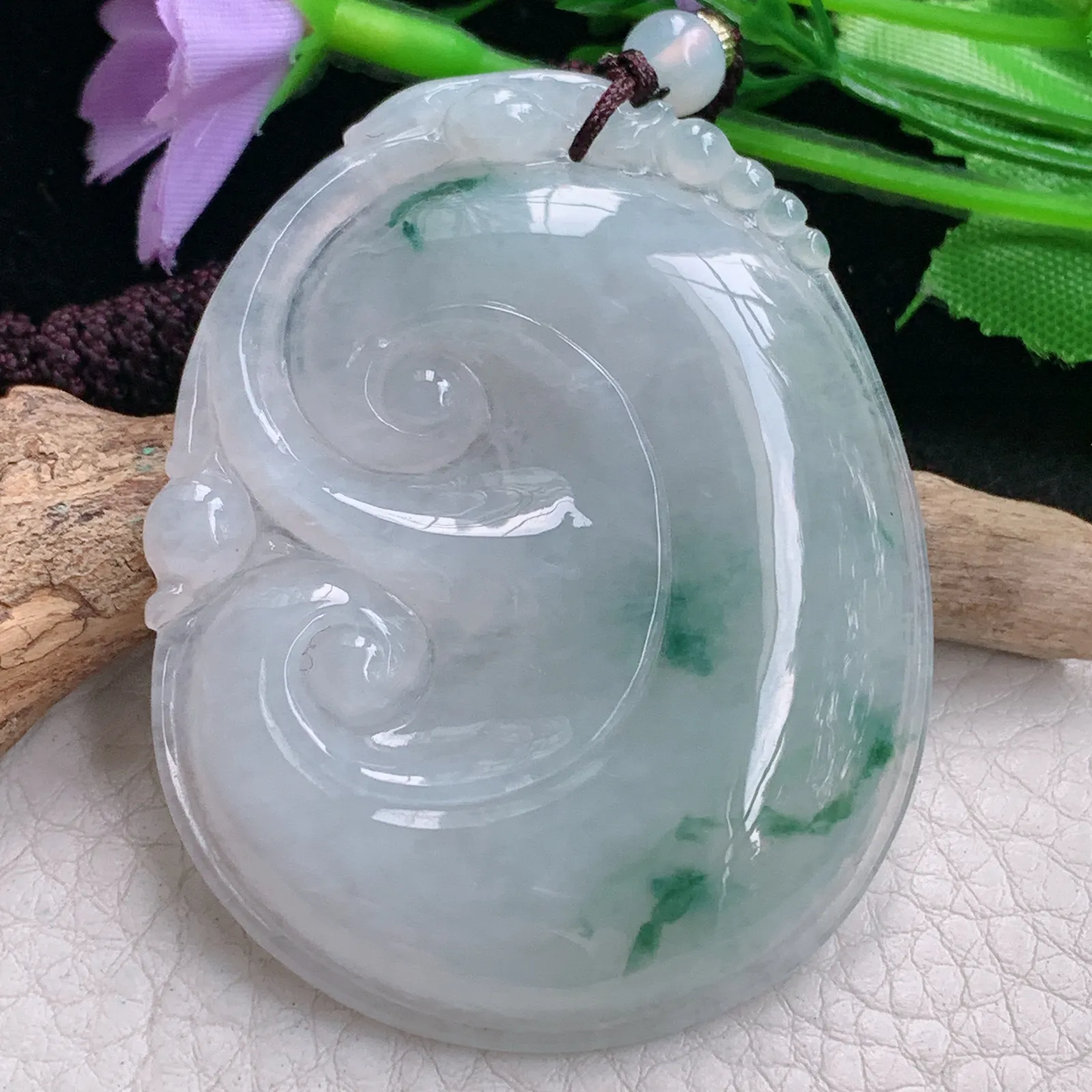 zen自然光56.3*45*6.2天然缅甸翡翠冰飘花大如意 玉如意玉吊坠 毛衣坠