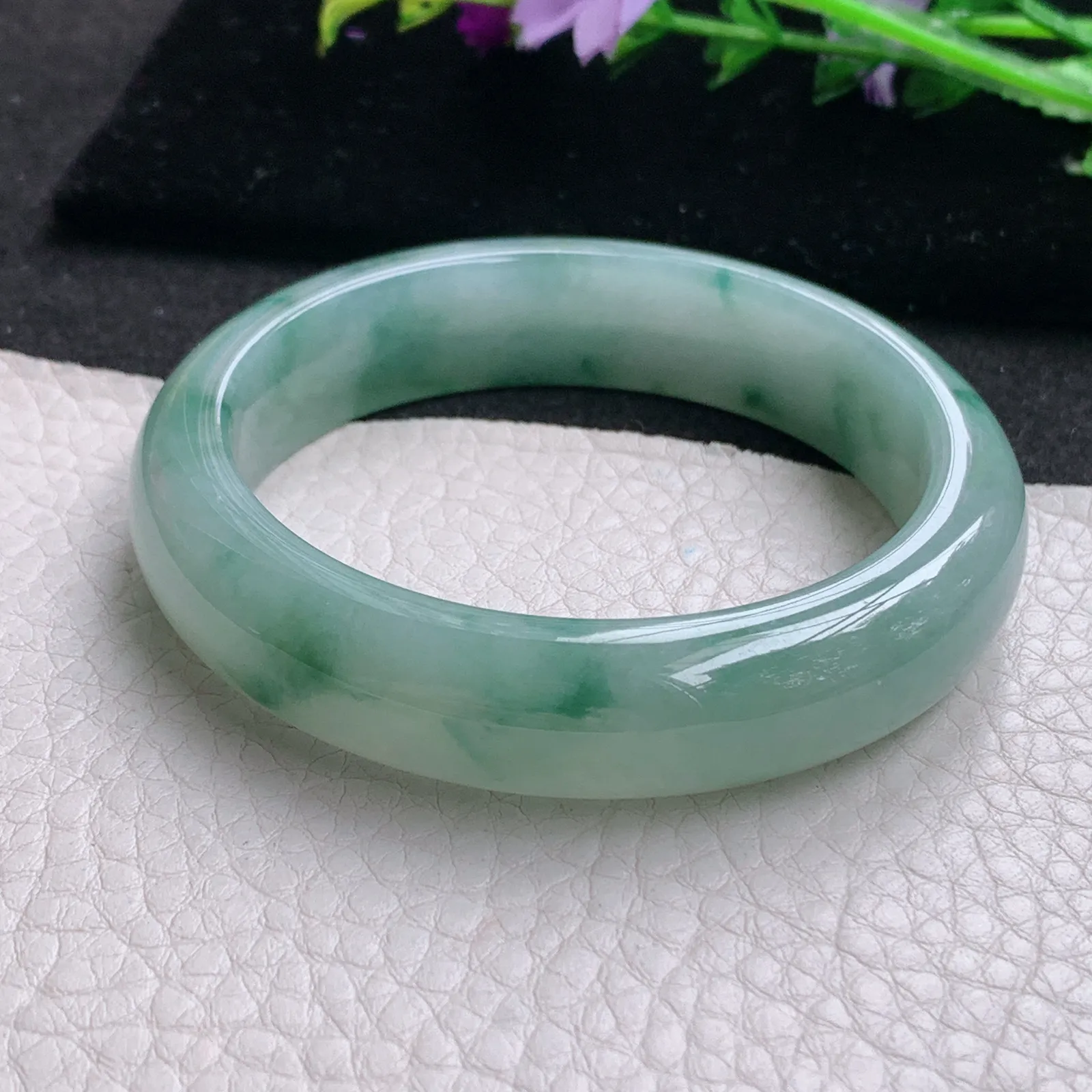 Hf实拍53*13.2*8.3缅甸翡翠手镯冰飘花手镯正圈平安镯宽版镯子