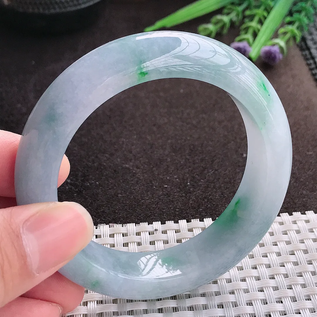 实拍A货翡翠54.5/14.8/9.6老坑冰润水灵春带彩手镯翡翠玉镯子平安镯