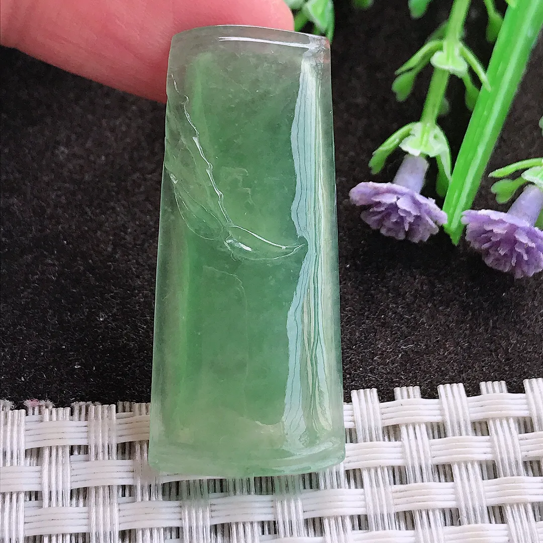 实拍A货翡翠40/17.8/5老坑冰种起胶冰晴满甜绿竹节吊坠翡翠玉牌挂件