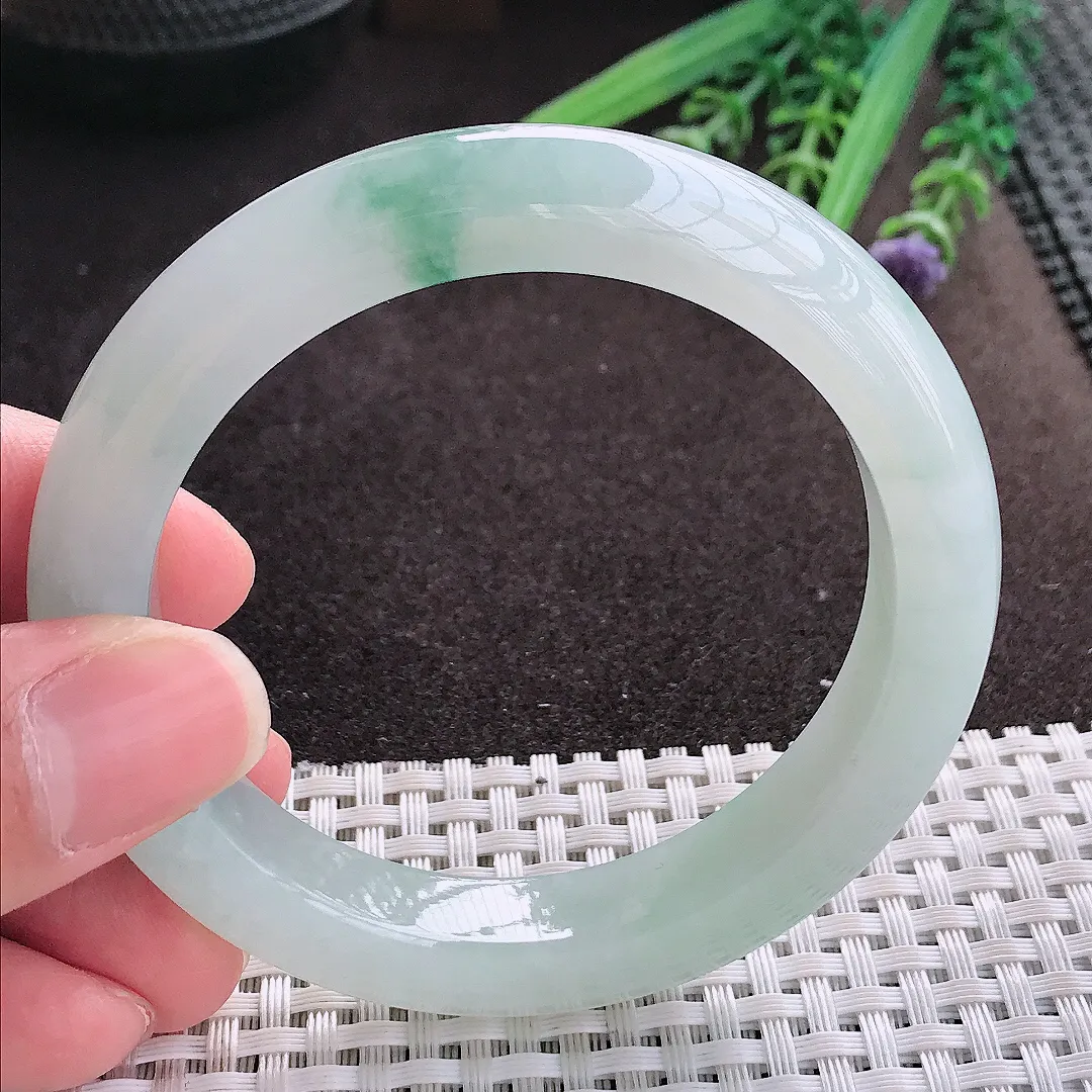 实拍A货翡翠56/11.4/9.3老坑冰胶果冻飘花手镯翡翠玉镯子平安镯