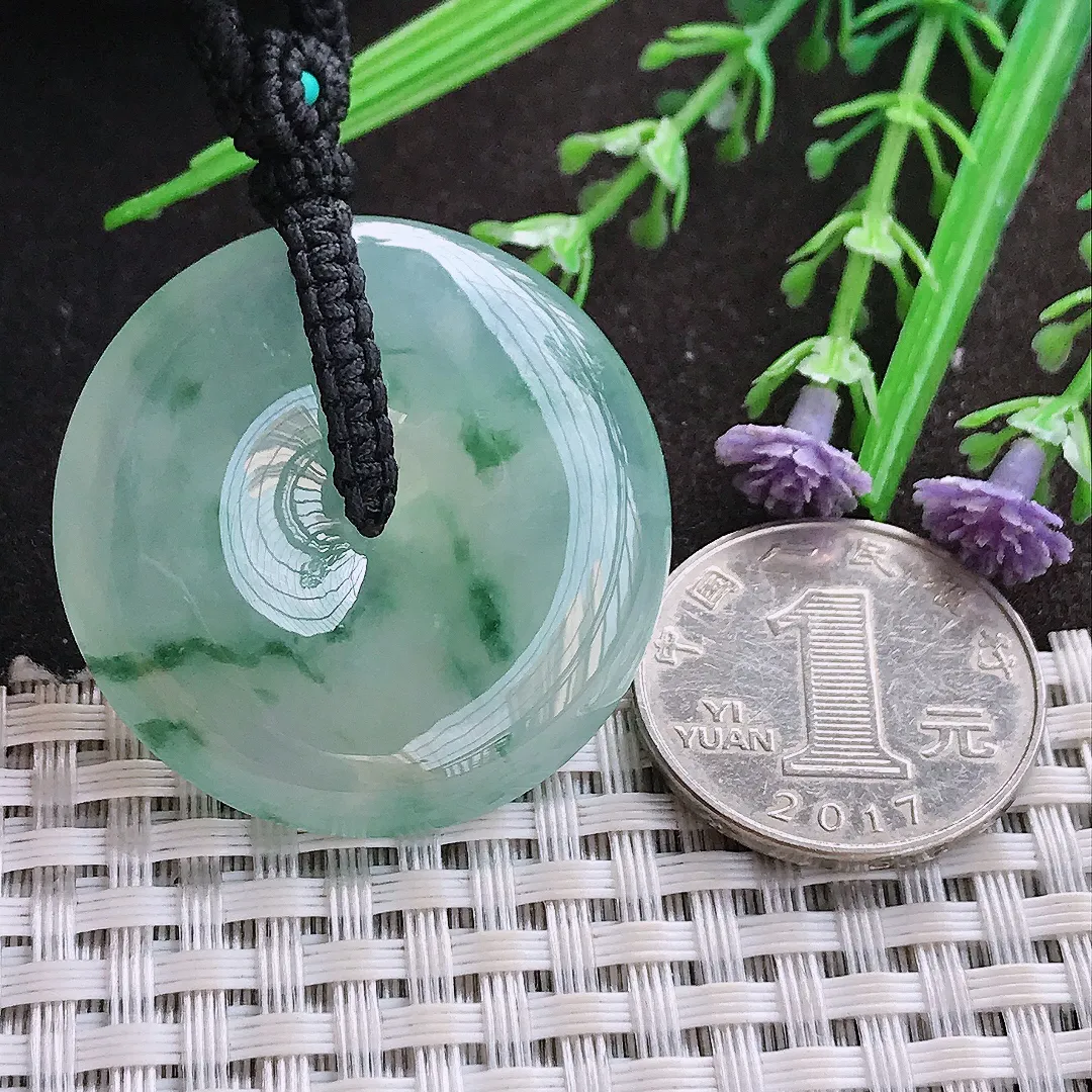 实拍A货翡翠36/7.6老坑冰胶果冻冰晴飘花平安扣吊坠翡翠玉扣挂件