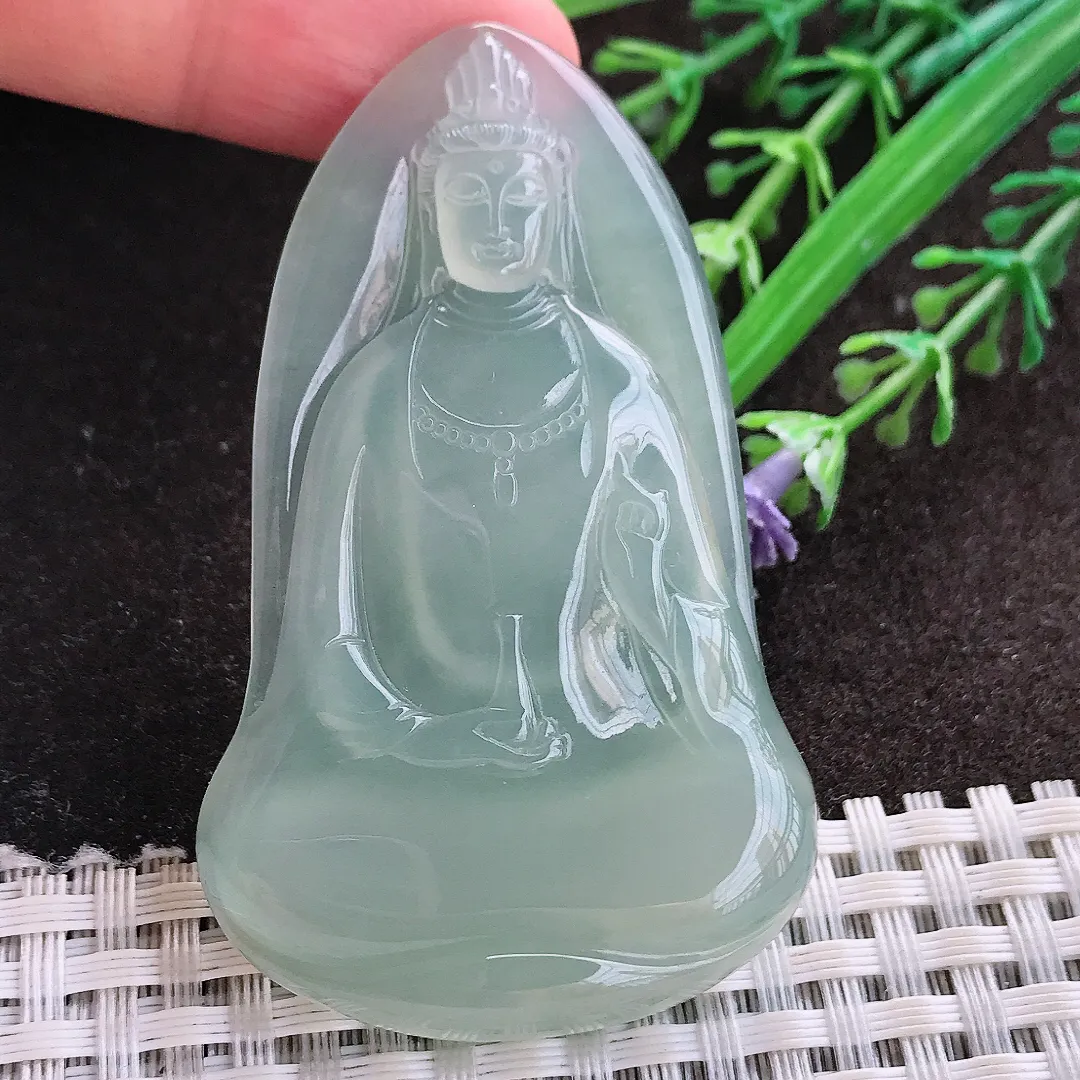 实拍A货翡翠63.4/39/5.8老坑冰种果冻胶冰晴绿素衣观音吊坠翡翠玉牌挂件