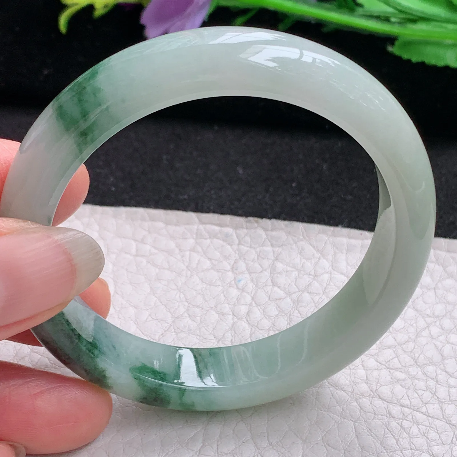 ll实拍53*11.6*7.8缅甸翡翠a货玉手镯冰飘花正圈平安镯宽版玉手环