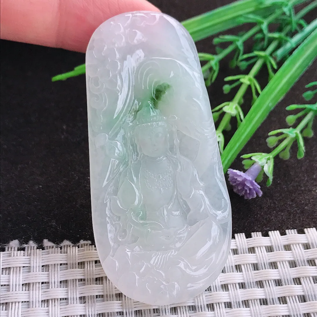 实拍A货翡翠66.6/32.3/5老坑冰胶果冻飘绿普贤菩萨吊坠翡翠玉牌挂件