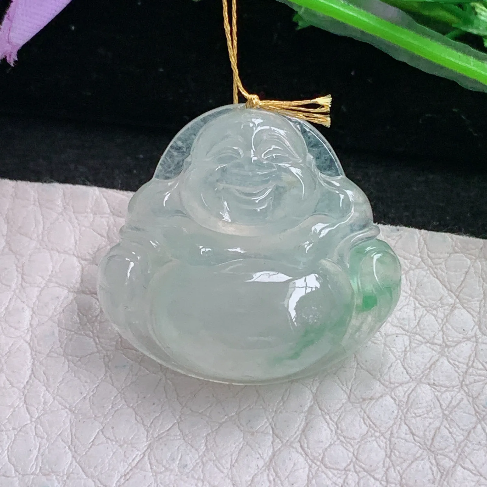 ws实拍26*27.6*7.5缅甸翡翠精雕冰飘绿饱满佛公 开心佛玉吊坠 玉挂件