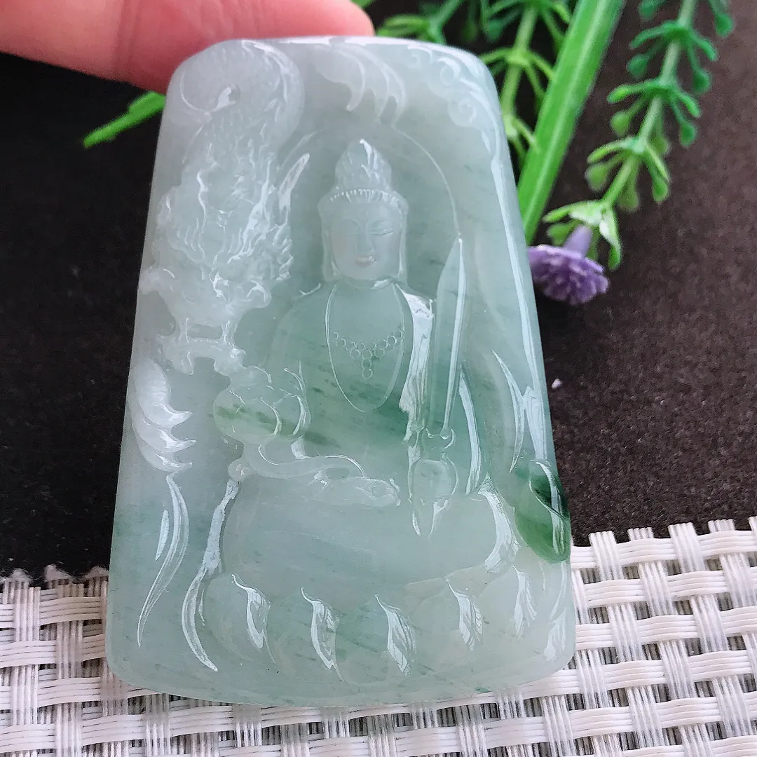 实拍A货翡翠64.5/44.2/5.8老坑冰润起胶飘花虚空藏菩萨吊坠翡翠玉牌挂件