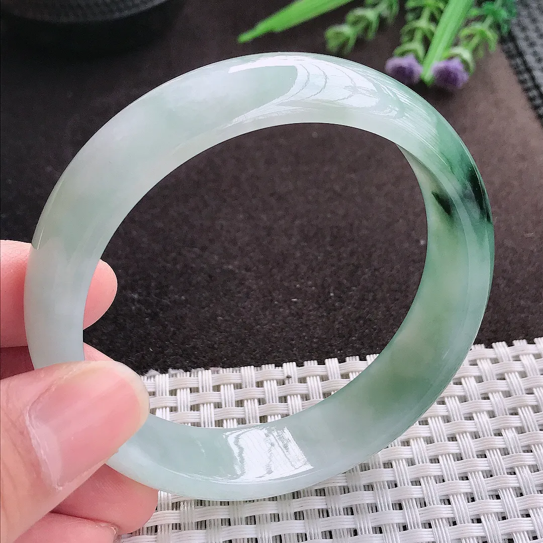 实拍A货翡翠60/16.3/7.6老坑冰胶水灵飘花轮胎手镯翡翠玉镯子平安镯