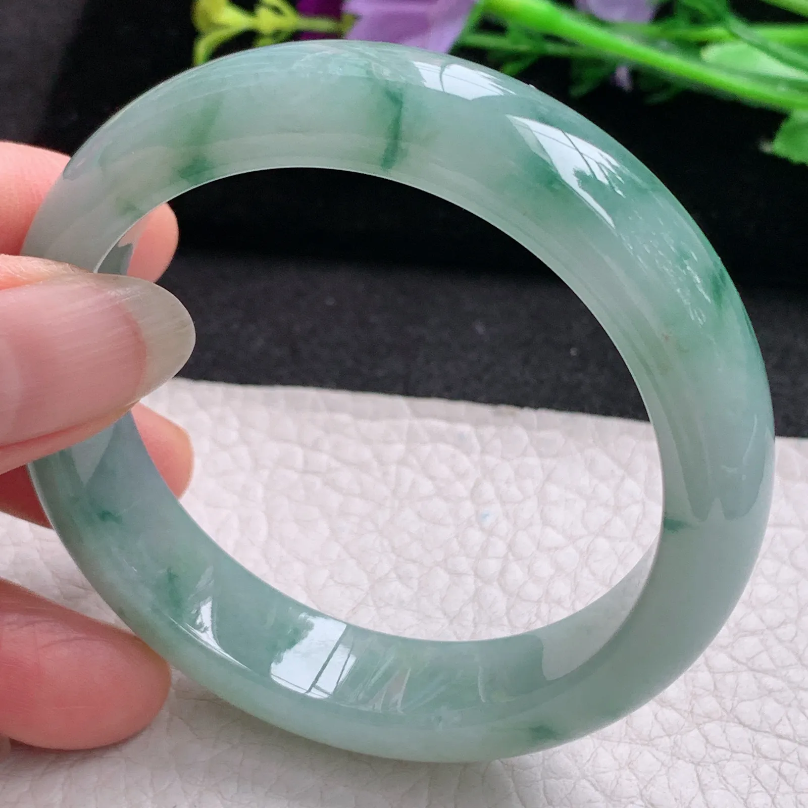 Hf实拍53*13.2*8.3缅甸翡翠手镯冰飘花手镯正圈平安镯宽版镯子