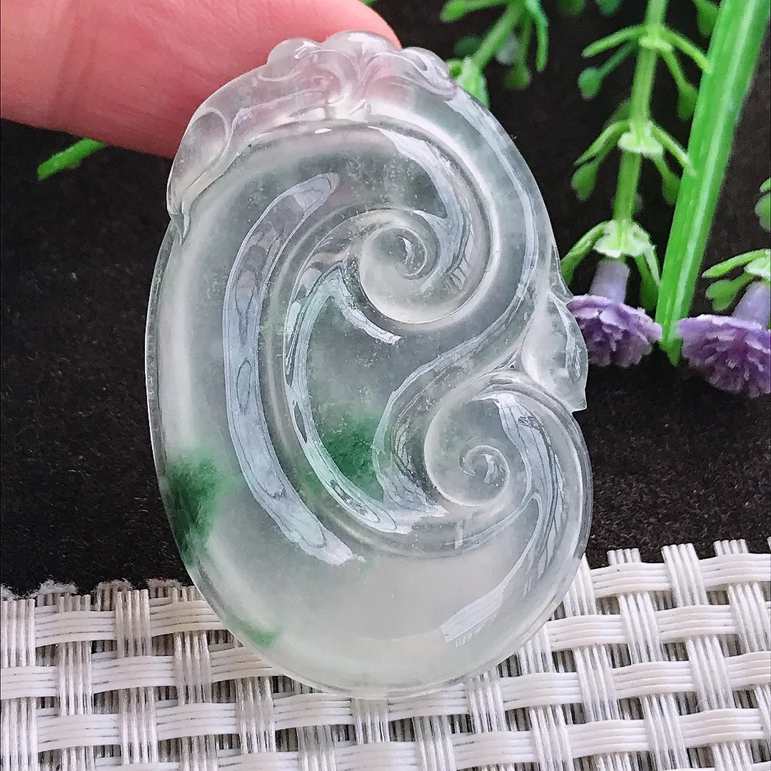 实拍A货翡翠48.3/32/4.9老坑冰种起刚冰飘花如意吊坠翡翠玉如意挂件