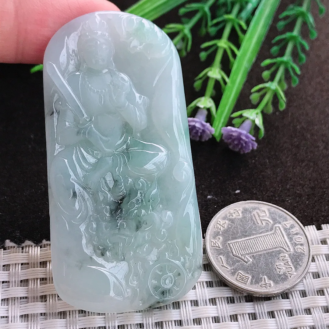 实拍A货翡翠66.5/33.5/5.5老坑冰润起胶飘花文殊菩萨吊坠翡翠玉牌挂件