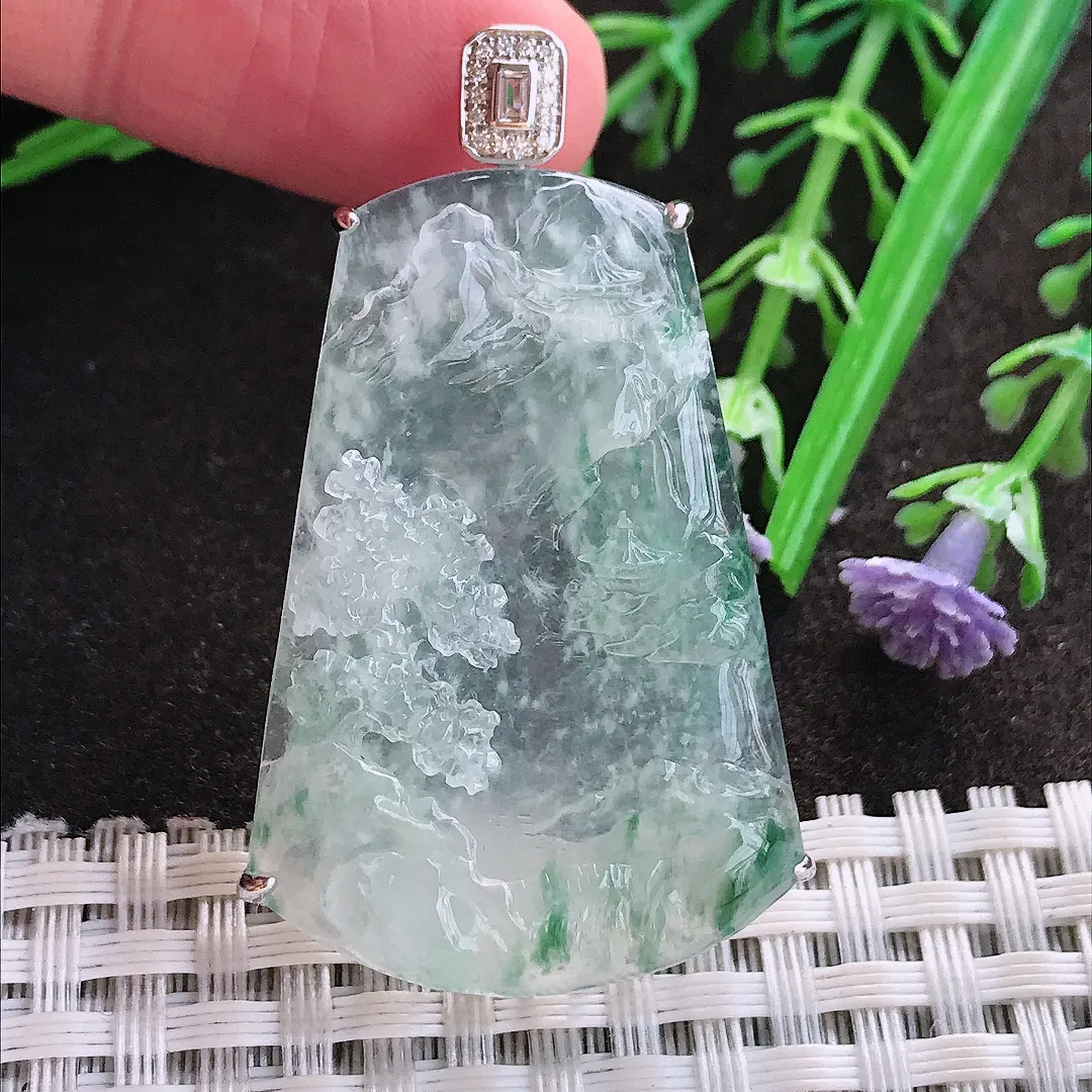 实拍A货翡翠47.8/28.8/7老坑18k金镶嵌冰种冰飘花山水牌吊坠翡翠玉牌挂件