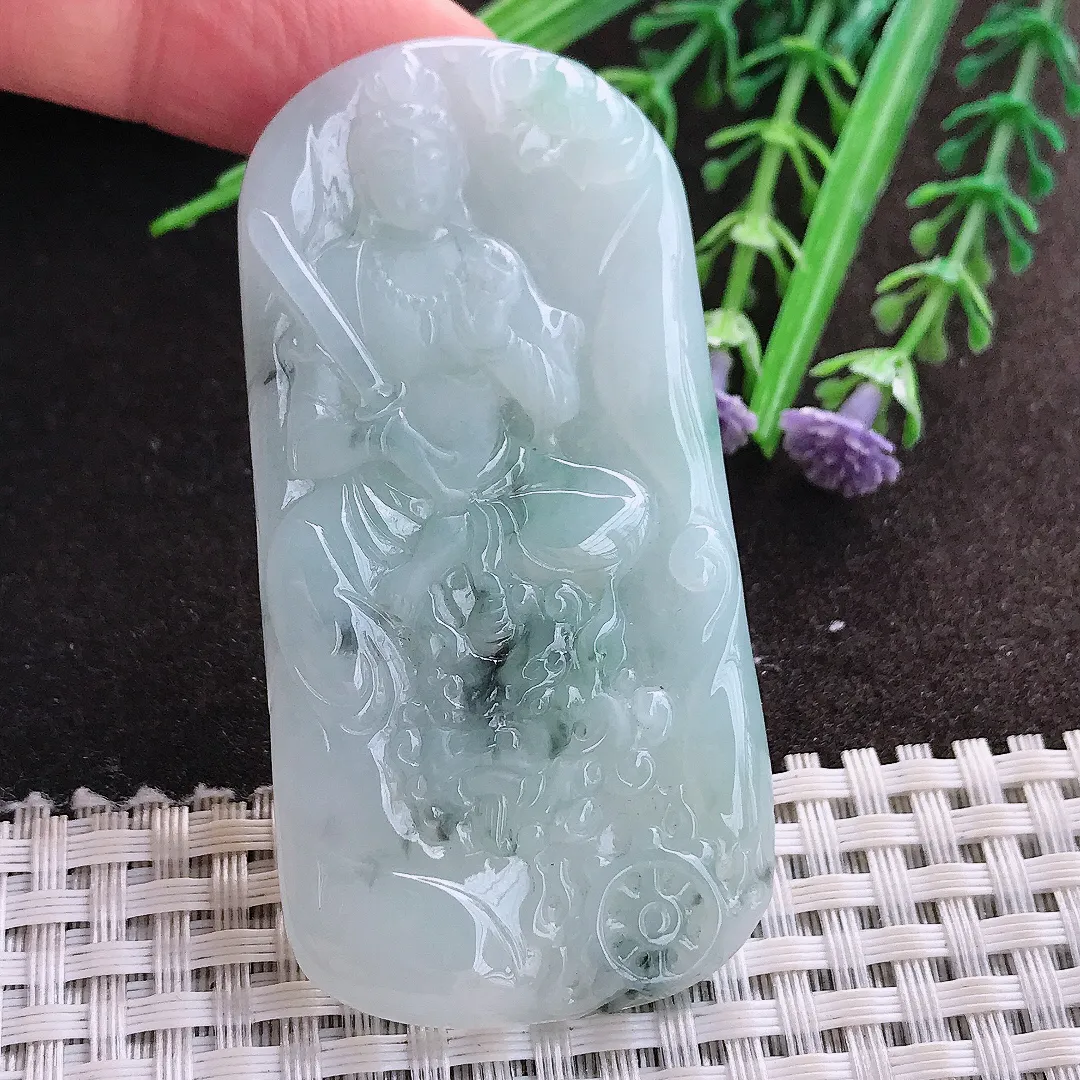 实拍A货翡翠66.5/33.5/5.5老坑冰润起胶飘花文殊菩萨吊坠翡翠玉牌挂件