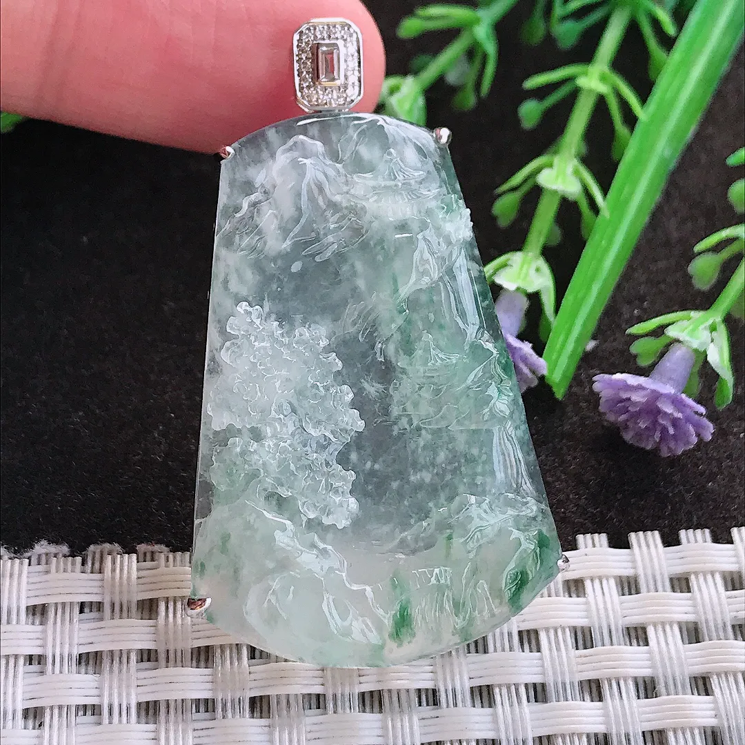 实拍A货翡翠47.8/28.8/7老坑18k金镶嵌冰种冰飘花山水牌吊坠翡翠玉牌挂件