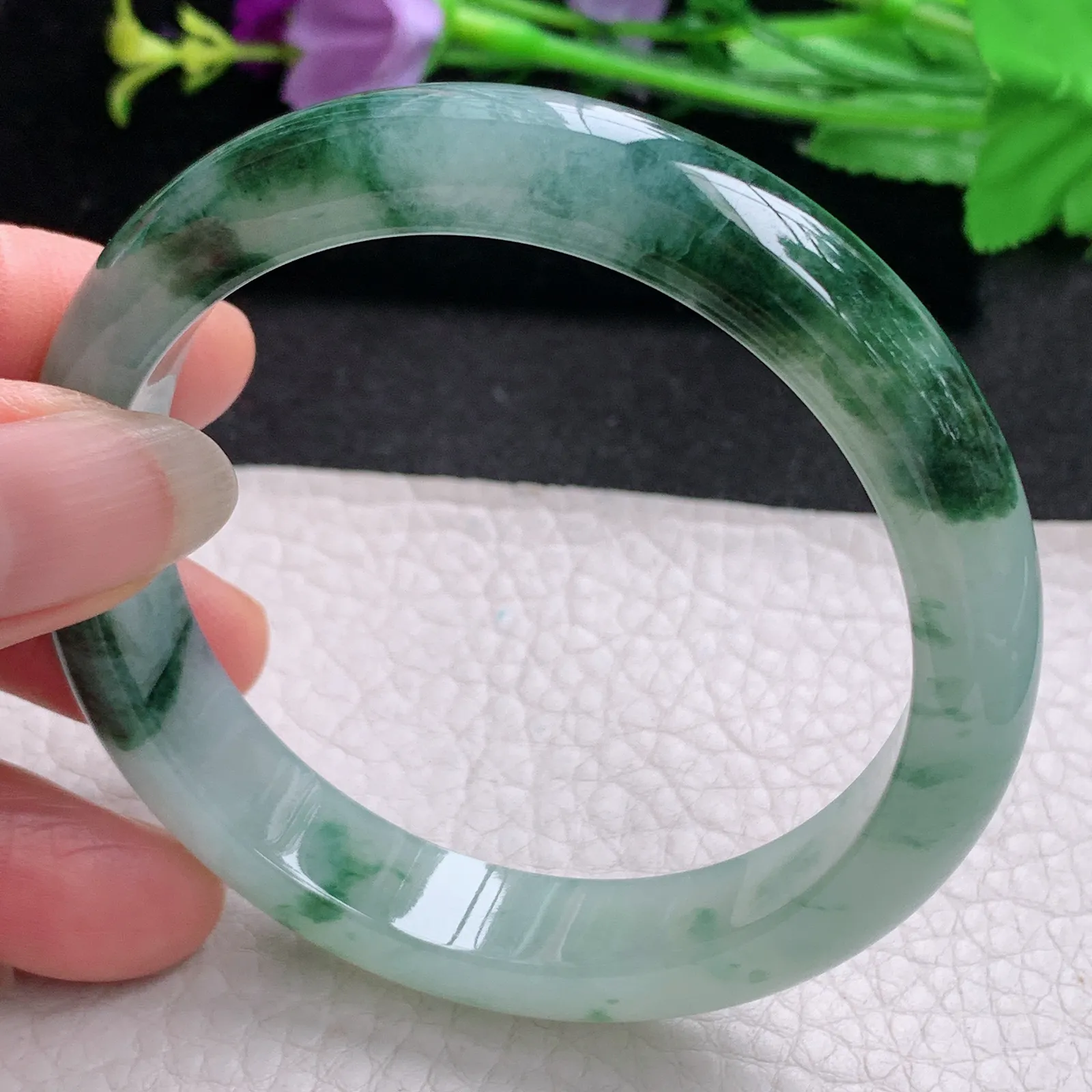 ll实拍56.5*11.4*8缅甸翡翠a货玉手镯冰飘花正圈平安镯宽版玉手环
