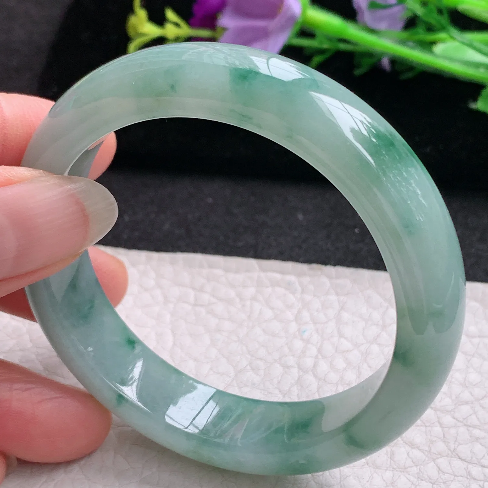 Hf实拍53*13.2*8.3缅甸翡翠手镯冰飘花手镯正圈平安镯宽版镯子