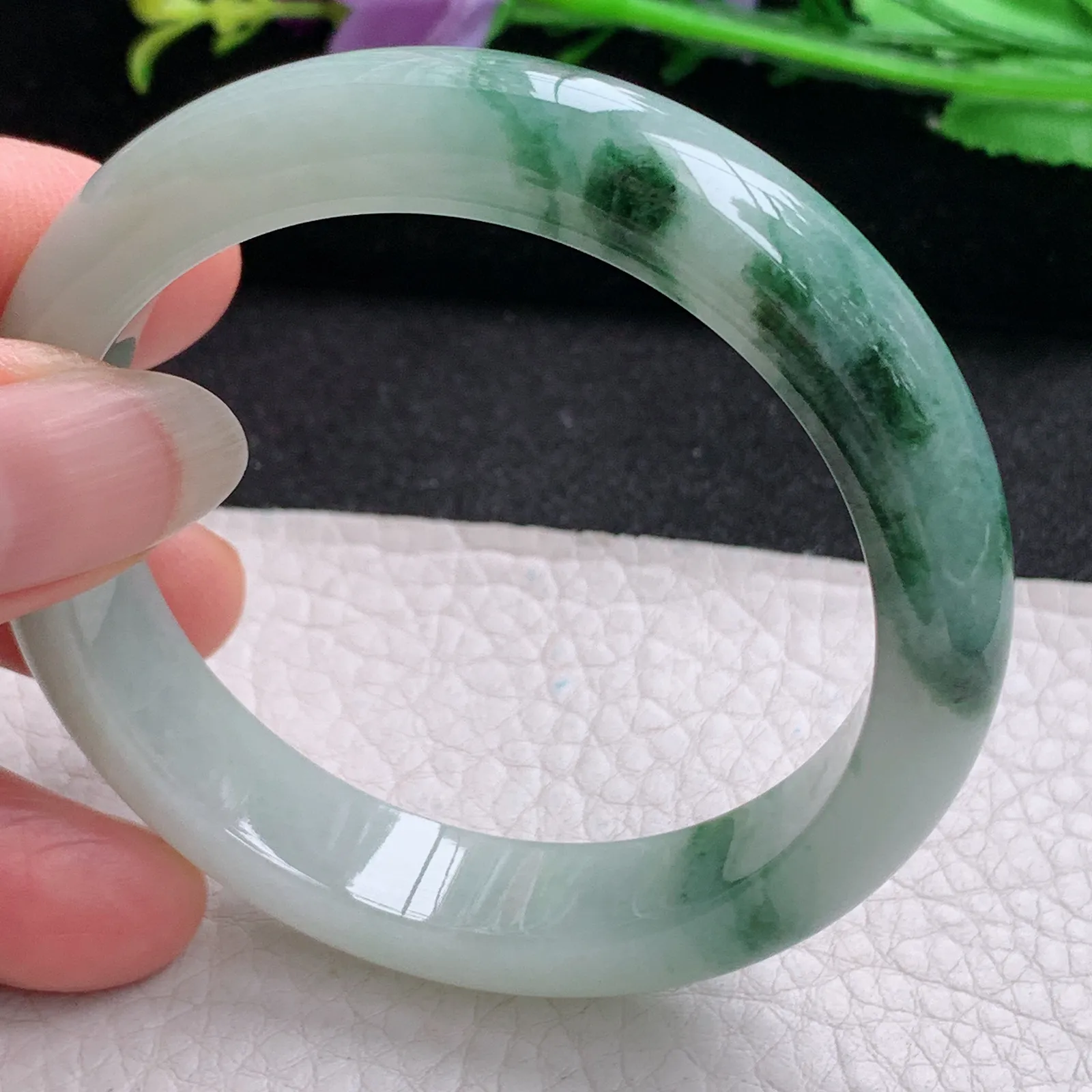 ll实拍53*11.6*7.8缅甸翡翠a货玉手镯冰飘花正圈平安镯宽版玉手环
