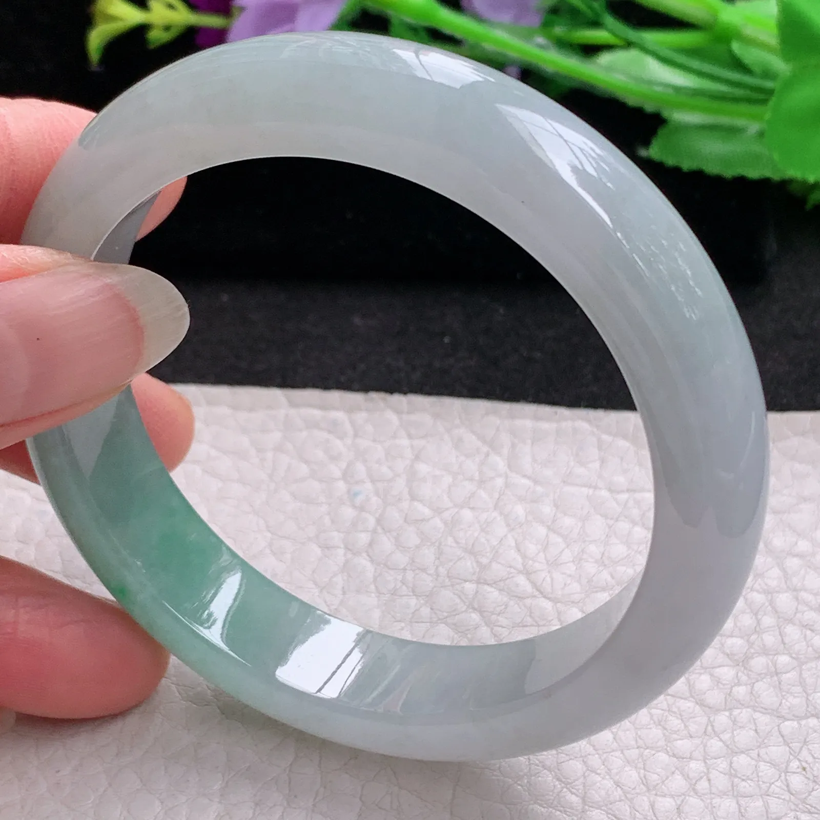 ll实拍57*13.3*8.5缅甸翡翠手镯冰飘绿花正圈平安镯宽版镯子