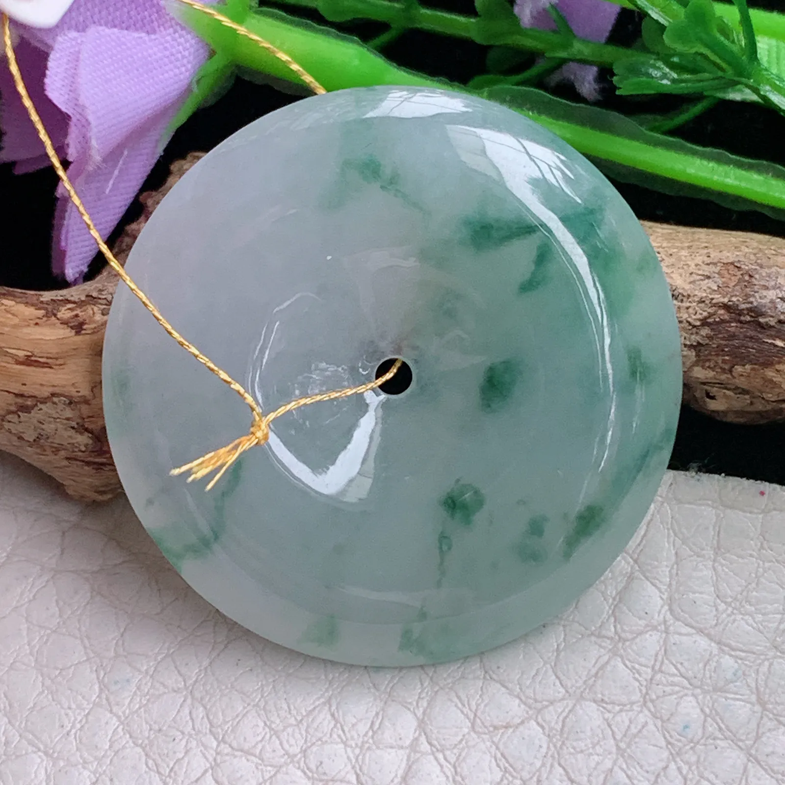 ws实拍35*5.8缅甸翡翠精雕冰飘花大平安扣 玉扣玉吊坠 玉挂件