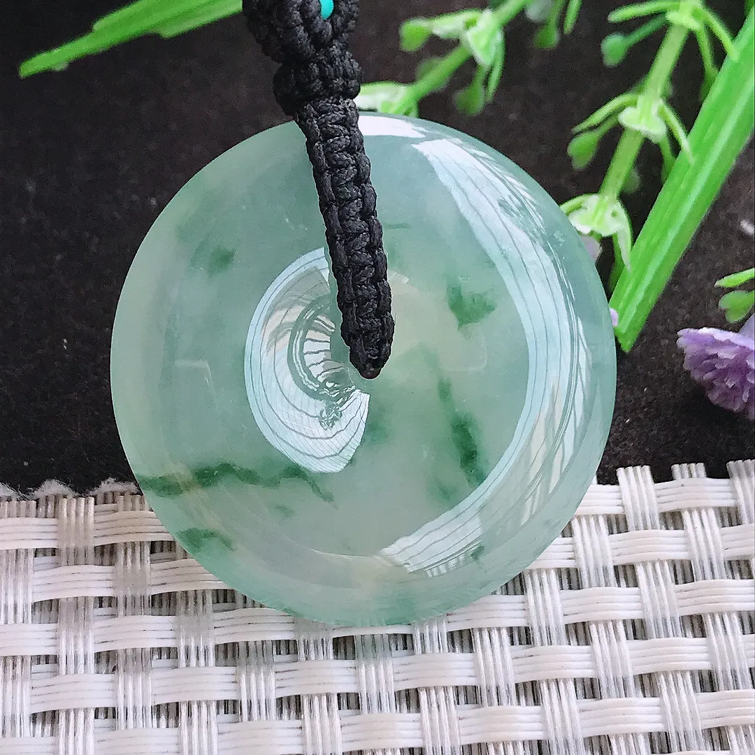 实拍A货翡翠36/7.6老坑冰胶果冻冰晴飘花平安扣吊坠翡翠玉扣挂件